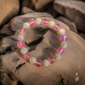 White Shamballah & Pink Bracelet~ 7 inch